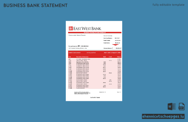 Beispiel eines Kontoauszugs der East West Bank (Word- und PDF-Datei)